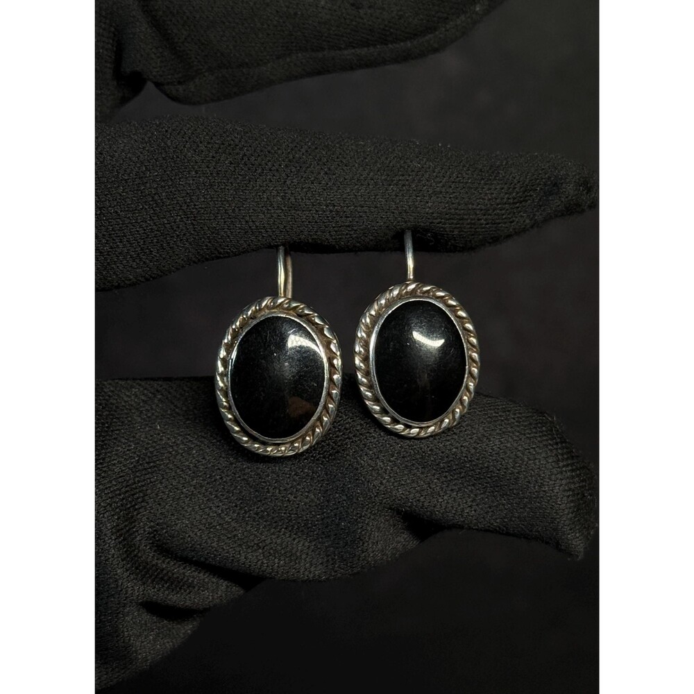 Sterling Silver Black Onyx Rope Border Earrings Mexico Vintage